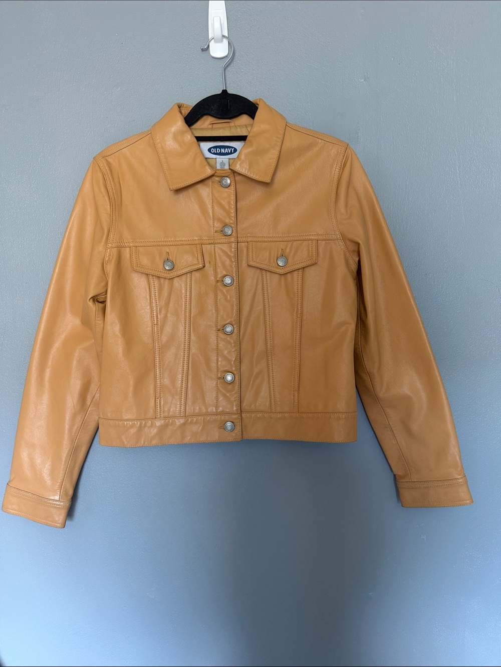 Vintage Y2K 90’s Old Navy Women’s Camel Tan Leather Trucker Jacket Size Small
